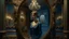 Placeholder: Painting of a mysterious woman in an elaborate Baroque frame, room with non-Euclidean geometry, antique oval mirror showing a slightly different reflection of the portrait, walls with trompe l'oeil frescoes, crystal chandeliers projecting kaleidoscopic lights, dreamlike and surreal atmosphere, magical realism style