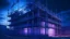 Placeholder: technological dingy factory with exposed scaffolding and wires, matte painting background dull blue purple colors.. ambient moody lighting. spacious background