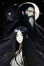 Placeholder: Celestial anime woman, long black hair, with bearded man