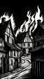 Placeholder: noir, atmospheric, shadows, cinematic, Black and white drawing, Fire in medieval village, wooden houses on fire, a view from afar, somber tones, high quality, suspenseful, menacing.