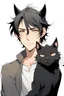 Placeholder: A anime adult man with messy black hair, large black cat ears and tail