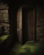 Placeholder: An ancient, weathered door stands in an abandoned house, shrouded in deep, engulfing darkness. The walls are rough and covered in moss and dust, with wooden beams crumbling and floors uneven. The faint light coming from a small particle of the philosopher's stone, placed mysteriously near the door, emits a warm, surreal glow, contrasting with the surrounding darkness. The stone’s light weakly illuminates the nearby area, casting long, eerie shadows. The atmosphere is thick with mystery and tensi