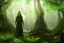 Placeholder: green robed blindfolded elf in forest hiding behind a tree, highly detailed, 8k, atmospheric lighting, trending on artstation