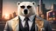 Placeholder: a suave gangster polar bear with black sunglasses and a suit outside a club. sunset. intricate details. Big glass city background. natural tones. gold curb chains, fedora.