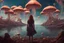 Placeholder: woman standing on the shores of an alien world, with mushrooms with jellyfish tentacles, floating in the air, photorealistic, Detailed Matte Painting, Deep Colour, Fantastical, Intricate Detail, sunshine