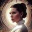 Placeholder: low angle beautiful half-body-portrait photo of princess leia from Star Wars played by Carrie Fisher, in the style of horizon zero dawn wlop, artgerm, akihiko yoshida, and liang xing, detailed face, doe eyes, intricate hair style, symmetrical eyes, trending on artstation, highly detailed, white dress, dynamic pose, intricate outfit, futuristic weapon, space ship and galaxy background