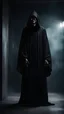 Placeholder: scary monster in a black robe stands in a gloomy room in the black background