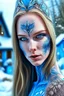 Placeholder: holographic simulation, beautiful xenobiotic alien man demon, scandinavian black tattoo on the body, super detailed face, blue eyes, against the backdrop of old dzherevyanny houses in the winter forest, falling snow in winter, professional photo, 4k, high resolution, high detail, close-up, octane, body art, patterns, lavender color, silver wire, artistic elven fantasy, filigree, dark botany, ultra detail, dark botany, photorealistic image