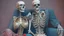 Placeholder: Famous Skeleton Couple Posing together wearing 1920's Hollywood Grandeur; Surreal, Intricately Detailed, Beautiful, Colorful, award-winning, high definition, ultra-detailed, beautiful, rose tones