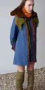 Placeholder: Image shows wholly a young Brunette woman. average body type. Mantle is sewed of recycled Denim and sewed together of camouflage pieces. Camouflage colors are orange,terracotta, cream and purple. Cream latex gaiter. More yellow(Munsell)!!!Big bright purple/khaki felt tippet and cream or blue or lilac colored-hood. mantle is merged with satchel. . AKG-style headphones (gold rings!) is merged with small felt cap with small visor. Style: Haute Couture in 1936, Paris fashion in 2023.