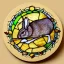 Placeholder: round coaster of rabbit with stained glass window effect, highly detailed, intricate, warm colors, stained glass window, glossy from rain, warm lighting, dramatic lighting