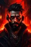 Placeholder: Portrait roi conquerant cyberpunk, cheveux noirs, barbe, yeux rouges, belgique en feu arriere plan