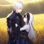 Placeholder: Girl with white hair. Boy with black hair wearing leather armor. Field