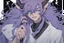 Placeholder: anime man with ram horns, fangs, messy purple hair and blue eyes