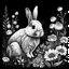 Placeholder: colorless rabbit between seeds and big flowers black background .black and white colors. for a coloring. with grayscale