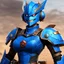 Placeholder: the Blue Lectroid smiles, ready to fight, in dust, rust and blood, her body is covered with throwing daggers belts