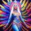 Placeholder: full body photorealistic portrait of a beautiful smiling amazonian carnival spiritual goddess with long parma white hair, colorful feathers tight hips with a tron like body suit tribute to the galaxy in a cosmic surounding only blue , pink and yellow, crystal jewels