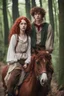 Placeholder: Sixteen year old teenager, green eyes, blood red curls, dressed as a peasant girl traveling through the forest on horseback, together with a young man