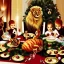 Placeholder: Cats and children eating Christmas dinner with alien lion and floating ball, and exquisitely decorated turkey and HR giger alien