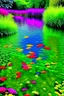 Placeholder: a pond with clear water multicolored fishes underwater flowers vines