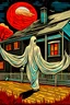 Placeholder: A white-pale ghost leaving a house forever. Nighttime, moonlit, black, white and red palette