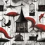 Placeholder: color Ink illustration by Alexander Jansson, heavily inspired by the unsettling symbolism of Edward Gorey and Stephen Gammell, depicting a cleaving sickle and a voracious maw, cages, red and black color scheme dominating the artwork, line art punctuating the grim narrative, detailed sketch, chilling motifs, dramatic linework, textured surface, ominous representation, unsettling, offbeat social critique.