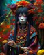 Placeholder: Vibrant autumn foliage in a rain-kissed setting, Ikebana arrangement, Haiku poetry inspiration, Japanese garden elements, autumn asters, Utagawa Hiroshige essence, Isaac Levitan influence, woman with dark skin, tribal markings, mysterious expression, piercing eyes, flowing black hair, colorful beads, layered textiles, bright hues, ornate jewelry, cultural richness, dark, blurred backdrop, GoBi, Наталья И-ва.Mystical character with pale blue scaly skin, icy green eyes, dark eyeliner, cascading da