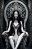 Placeholder: detailed beautiful goddess Hel with long black hair, pale white skin, detailed eyes, sitting on the throne of Helheim, inquisitive spirit | inspiration | dark colors, intricate detailing, surrealism, fractal hair, enigmatic villainess smile, dressed in complex chaotic fractal leather, artificial nightmares style, reflective eyes, detailed eyes, detailed art deco ornamentation, Cinematic lighting, Volumetric lighting,Photorealism, Bokeh blur, Very high detail, Sony Alpha α7, IS1900