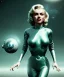 Placeholder: Ultra Realistic retro sci-fi 1960 scene, waist up view portrait, blonde woman, sweet young Marilyn Monroe face, perfect iris, tight latex coat, alien planet background, tight style, steel sphere dron levitating, fog, rain, soft color, highly detailed, unreal engine 5, ray tracing, RTX, lumen lighting, ultra detail, volumetric lighting, 3d, finely drawn, high definition, high resolution.