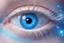 Placeholder: a frame in close up of the light blue eye of a beautiful cosmic fairy. it has long eyelashes. in the center of pupil there is a small bright galaxy
