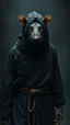 Placeholder: the yoga rat man, bigblack iris eyes with white glints, ou’re looking at someone who doesn’t just walk into shadows—they belong to them. The black robes cling like a second skin, the belt tied tight with gold thread that catches the light only when he moves. His face is wrapped, but not hidden—his eyes glow like embers, red and steady, as if he’s already seen what waits inside the cave. The tail curls behind him, not in fear, but in readiness. He doesn’t need a torch, because the darkness