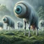 Placeholder: far in the distance five big crepy-cute weird creatures stand on four legs on eart , on tube heads is one giant eye , gray-white-pale blue color skin, with big cow udders on the belly between their legs,, without ears ,peacefully grazing the grass, background is a jungle, rain, detailed, sci-fi, fantasy, cinematic