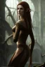 Placeholder: painting of a tall elven young woman with short light brune hair and freckles on the cheak bones and tall body of a topmodel light clothes, long shot, ultra realistic, concept art, intricate details, eerie, highly detailed, photorealistic, octane render, 8 k, unreal engine. art by artgerm and greg rutkowski and charlie bowater and magali villeneuve and alphonse mucha