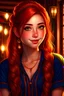 Placeholder: girl, masterpiece, best quality, cinematic lighting, detailed outfit, vibrant colors, perfect eyes, red hair, red eyes, long hair, braided ponytail, hairclip, earrings, smile, casual clothes, AI