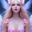 Placeholder: beautiful, soft, big smile face, whole head, long straight blonde hair blues eyes, crown on the head, clothing in transparent bluish and pink veil,fairy wings on the back, background brillante bluish and pink, hight definition, 8K