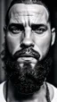 Placeholder: stunning extreme frontal close up photography of a 37 years old burly muscular marocan chubby ugly biker, sensual smile , shirtlesst, long hair, long beard, sitting in a pub , photorealistic, side light, ambient occlusion, frontal view, 80mm lens, sensual eyes