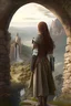 Placeholder: elven girl with brown hair, she wears fantasy medieval clothes, she is slim, full body with boots, view from the back, looking at a landscape through a stone arch