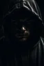 Placeholder: A hooded man with a devilish look. His face is not visible. He has a cross around his neck. A halo above his head. It is important that it is smooth! Dark tone image.