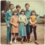 Placeholder: awkward family photo, all wearing the same type of clothes, 1960s, polaroid colors