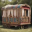 Placeholder: Old fashioned gypsy wagon decorated, curtains fluttering in the wind,