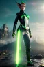 Placeholder: Futuristic elf, waist up portrait, physically fit, latex and leather attire, green and yellow hair, blue eyes, one pair of ears, intricate eyeliner, vibrant eyeshadow, clear completion, soft lighting, 4k resolution, intricate details, insanely detailed, colorful cityscape background, masterpiece, expert, cinematic smooth, retroanime style, realistic details, no helmet