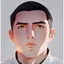 Placeholder: mysterious youthful Russan male, man,A man's face, dark and intriguing, confident, intense, handsome, anime style, retroanime style, cool style, dark black short hairs, Caesar cut style hairs, white shirt, full orange paint background, white man, black brown eyes, middle lips, A small smile, The head looks straight ahead