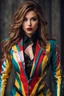 Placeholder: Photography realistic HD front view excellent realistic portrait super model very beautiful wearing colors abstract jacket latex body suit,as an gutarist rocker musician