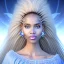 Placeholder: portrait of a beautiful somalian woman with an angel face smiling,long blond hair, blue eyes, pink and blue dress, jewels, soft light aura