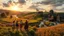 Placeholder: a group of young people are dancing to camera in village center squre over high grassy hills,a small fall and river and wild flowers at river sides, trees houses ,next to Ripe wheat ready for harvest farm,windmill ,some people standing looking the dancers,a few village local shops ,cloudy sun set sky