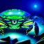 Placeholder: ultra detailed fullbody Drawing of a Cyborg alien metallic Gigantic Blue Crab on the shore ,with glowing Green eyes, extremely detailed digital painting, intrincate, extremely detailed face,crystal clear Big eyes, in the style of Pixar , mystical colors , perfectly centered image, perfect composition, rim light, beautiful lighting, 8k, stunning scene, raytracing