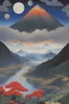 Placeholder: Tadanori Yokoo, Alice Boyd, Surreal, mysterious, bizarre, fantastical, fantasy, Sci-fi, Japanese anime, Buddhist cosmology, Mt. Sumeru and paradise. Mt. Sumeru is about 560,000 kilometers high, and is an imaginary high peak where Tenjin and others live. There are 3,000 magnificent universes centered around Mt. Sumeru. A thousand worlds, reincarnation, hell, the infinitesimal sun and moon, Alice, a beautiful blonde miniskirt girl who attains enlightenment, perfect body, detailed masterpiece