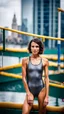 Placeholder: beautiful anorexic young woman, total shot, short shiny anthracite triathlon swimsuit, short brunette wavy bob hair, blurred city background