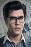 Placeholder: Elvis Presley as Clark Kent, 4k UHD, photorealistic, ((big, full, plump, pouty lips:1.5)) black hair, big cat-eye eyeglasses, dark blue foggy gradated marble wall background