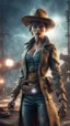 Placeholder: flashy magazine cover illustration, fallout 4 docks setting, horror weird cowboy wizard alien in female garments, getting hit by lightening electric arc, with big disturbed eyes,bokeh like f/0.8, tilt-shift lens 8k, high detail, smooth render, down-light, unreal engine, prize winning